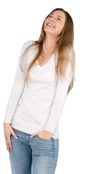 Pretty woman in white sweater — Stock Photo, Image