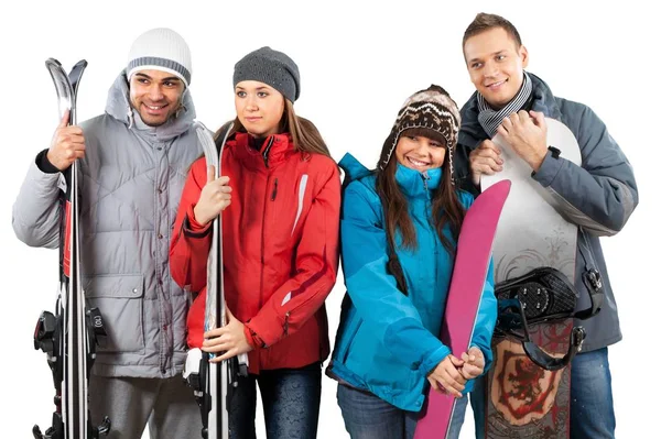 Щасливі Молоді Пари Сноубордистів Лижників Ізольовані Білому Тлі — стокове фото
