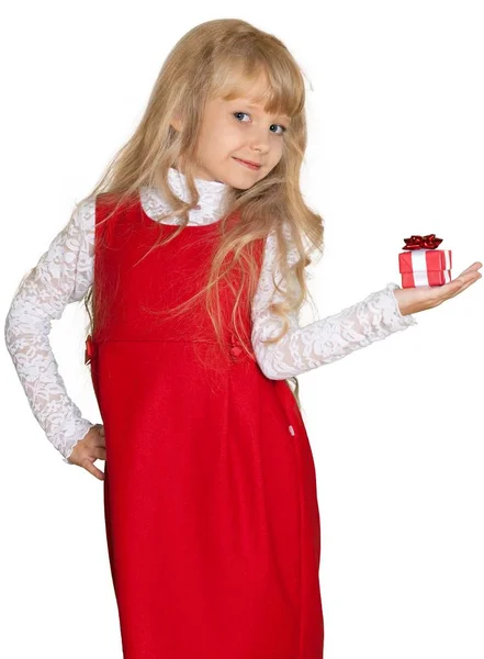 Cute Little Girl Red Dress Holding Gift Box Isolated White — Stock Photo, Image