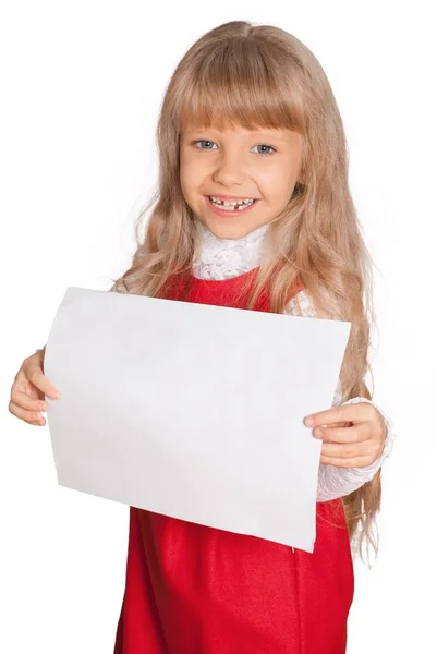 Χαμογελαστό Κοριτσάκι Κενή Κάρτα Που Απομονώνονται Λευκό Φόντο — Φωτογραφία Αρχείου