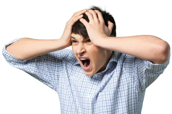 Shocked Young Man Screaming Isolated White Background — Stock Photo, Image