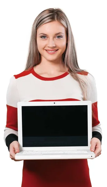 Dizüstü bilgisayar ile sevimli kadın — Stok fotoğraf