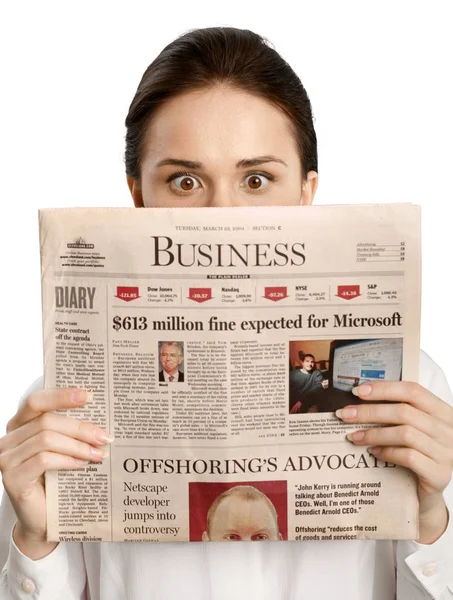 Pretty Business Woman Holding Newspaper Front Her Face — Stock Photo, Image