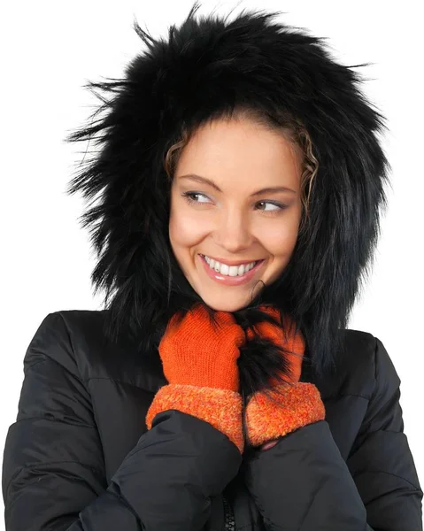 Young woman in fur hood — Stock Photo, Image