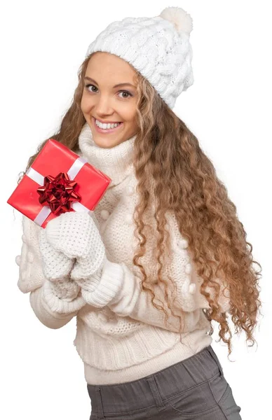Noel hediye ile güzel bir kadın — Stok fotoğraf
