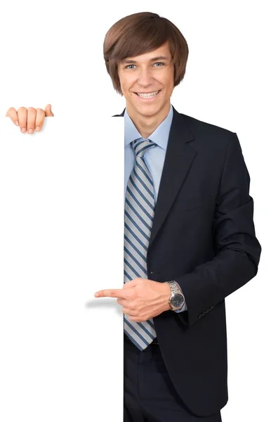 Man Met Lege Kaart Geïsoleerd Wit — Stockfoto