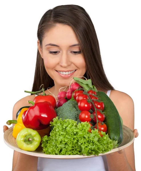 Jovem Mulher Bonito Segurando Legumes Isolados Fundo Branco — Fotografia de Stock