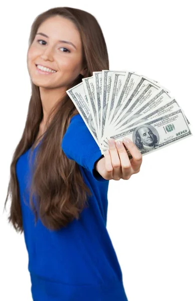 Affärskvinna anläggning pengar — Stockfoto