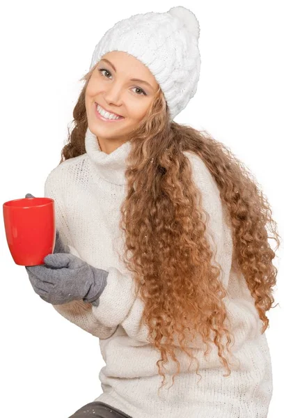 Mulher Bonita Segurando Copo Vermelho Isolado Fundo Branco — Fotografia de Stock