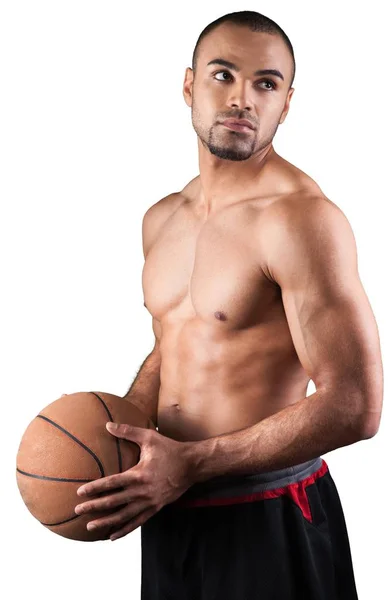 Sporty Mand Med Basketball Bold Isoleret Hvid Baggrund - Stock-foto