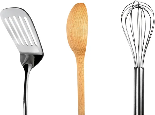 Küchenutensilien Aus Metall Und Holz Auf Weißem Hintergrund — Stockfoto