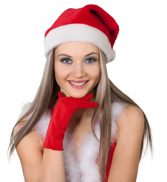 Jovem Mulher Santa Chapéu Isolado Fundo Branco — Fotografia de Stock