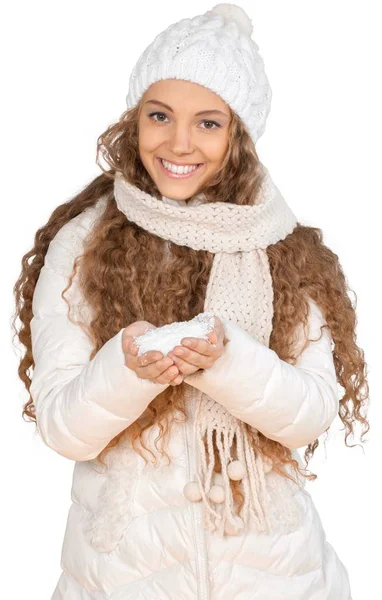 Schöne junge Frau mit Schnee — Stockfoto