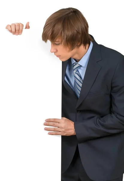 Homem Com Cartão Branco Isolado Fundo Branco — Fotografia de Stock