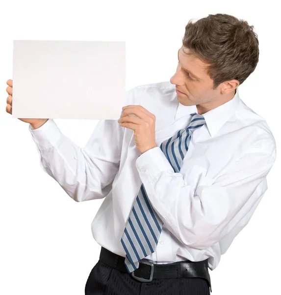 Mann Mit Leerer Karte Isoliert Auf Weißem Hintergrund — Stockfoto