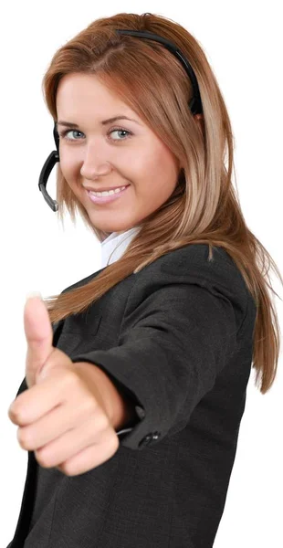 Bizneswoman z słuchawkami uśmiechnięty — Zdjęcie stockowe