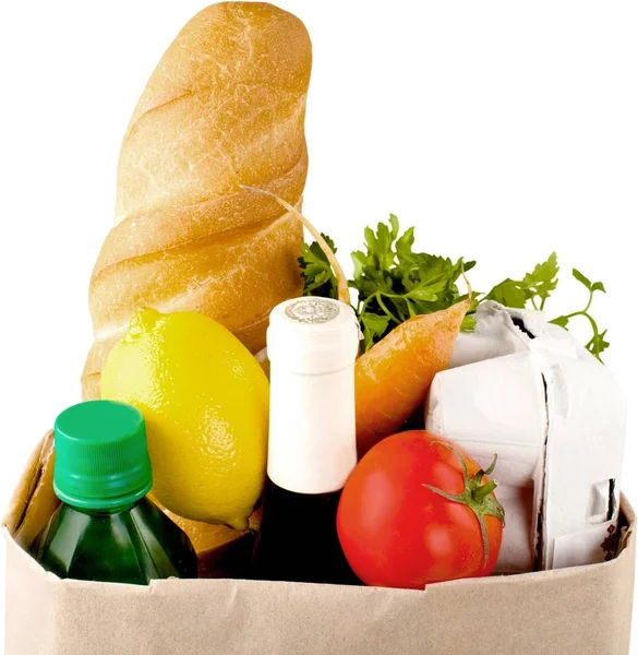 Bolsa Compras Con Productos Alimentación Mesa —  Fotos de Stock