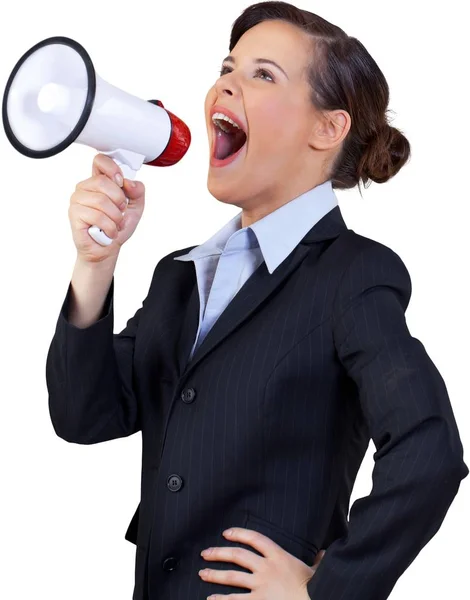 Young Businesswoman Shouting Through Megaphone — Stock Photo, Image