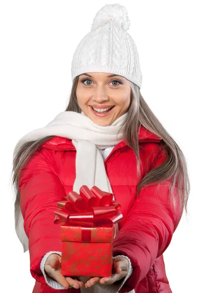 Beautiful woman with christmas gift — Stock Photo, Image