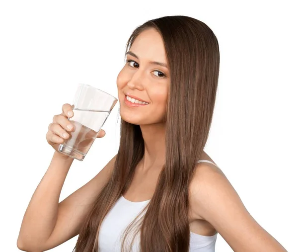 Ung Vacker Kvinna Som Håller Glaset Med Vatten Isolerad Vit — Stockfoto