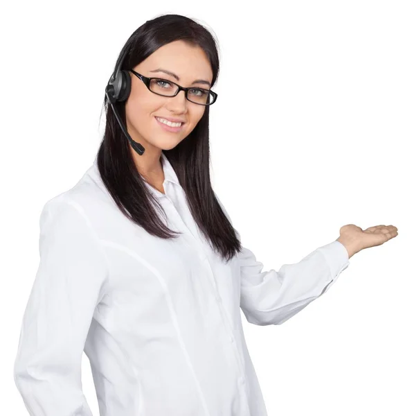 Joven mujer de negocios en auriculares — Foto de Stock