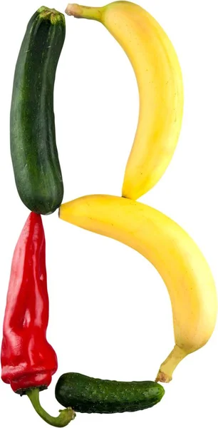 白い背景に分離された赤唐辛子と野菜のアルファベットのクローズ アップ — ストック写真