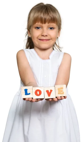 Chica con texto amor en las manos — Foto de Stock