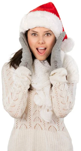 Jonge Leuke Vrouw Winterkleren Geïsoleerd Witte Achtergrond — Stockfoto