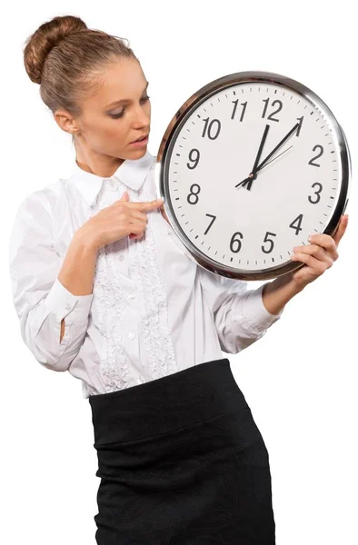 Businesswoman holding big clock — Stock Photo, Image