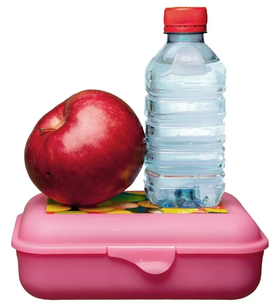 Red apple with water and food — Stock Photo, Image