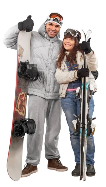 Счастливые Молодые Сноубордисты Изолированы Белом Фоне — стоковое фото