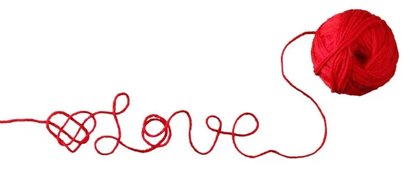 Κείμενο Αγάπη Κόκκινη Καρδιά Από Σχοινί Που Απομονώνονται Λευκό Φόντο — Φωτογραφία Αρχείου
