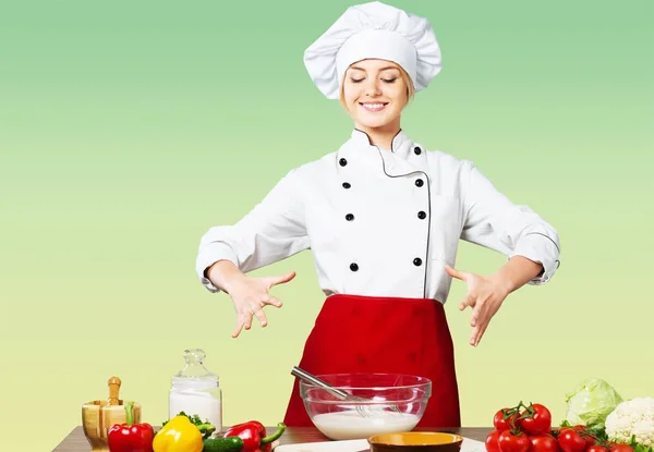 Portret Van Jonge Schattige Vrouw Koken — Stockfoto