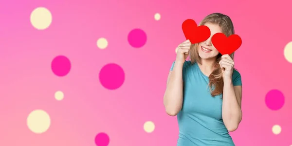 Cute Young Woman Holding Two Big Red Hearts Hands — Stock Photo, Image