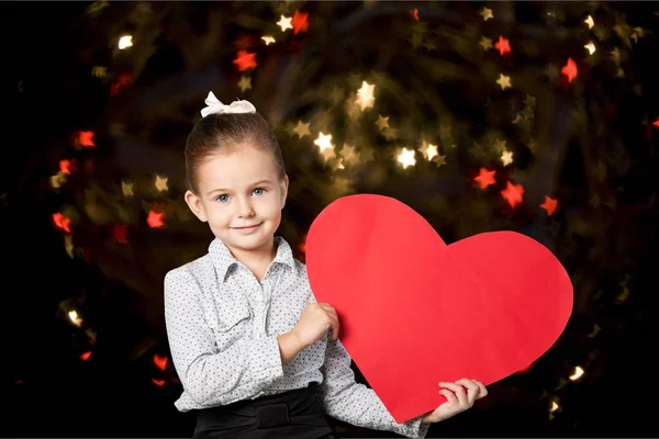 Cute Little Girl Holding Big Red Heart Hands — Stock Photo, Image