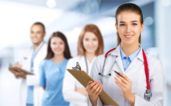 Close Female Doctor Holding Clipboard Hands — Stock Photo, Image