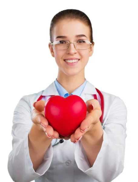 Крупним Планом Червоне Серце Руках Лікаря Жінки — стокове фото