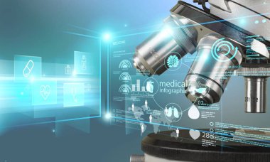 Simgeleri ile açık renkli bir tıbbi mikroskobunun