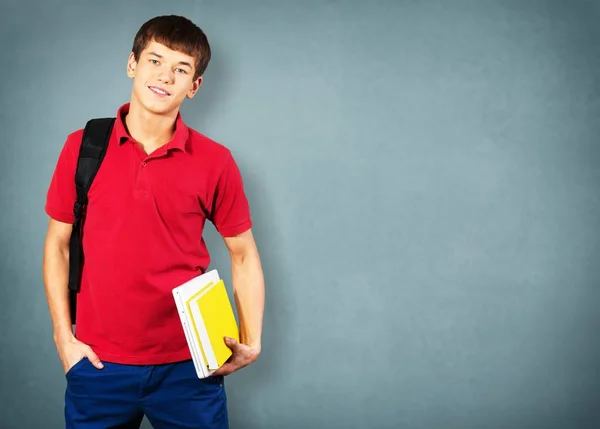 Student Jongen Met Rugzak Geïsoleerd Een Grijze Achtergrond — Stockfoto