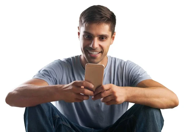 Ung Vacker Man Med Telefonen Isolerad Vit Bakgrund — Stockfoto