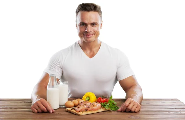 Imagem Corpo Muscular Apto Desportista Com Alimentos — Fotografia de Stock