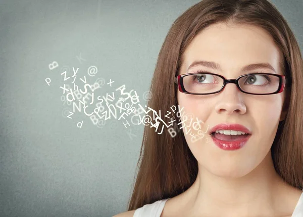 Retrato Joven Estudiante Morena Gafas Con Signos Fondo — Foto de Stock