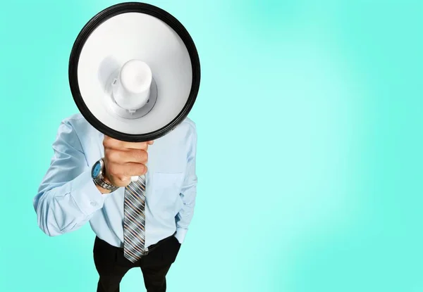 Hombre Negocios Con Megáfono Sobre Fondo Azul — Foto de Stock