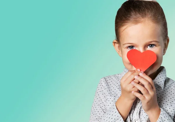 Photo Young Cute Girl Holding Red Heart — Stock Photo, Image