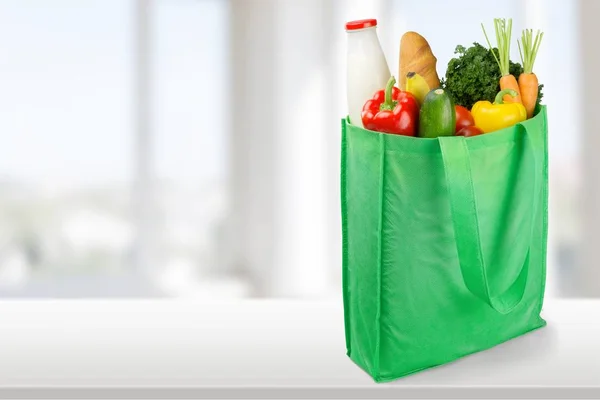 Shopping Bag Con Prodotti Alimentari Tavola — Foto Stock