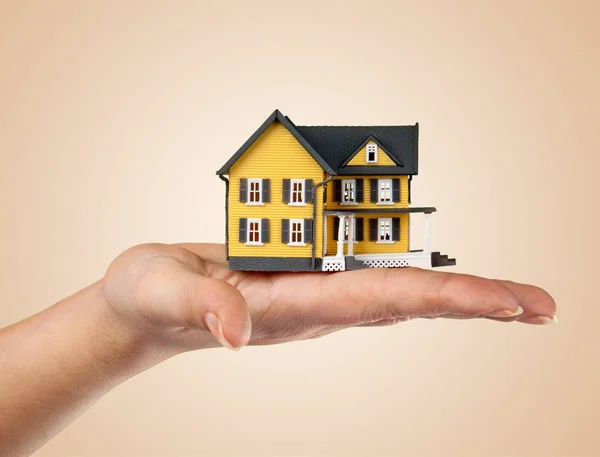 Hand holding house model on light background