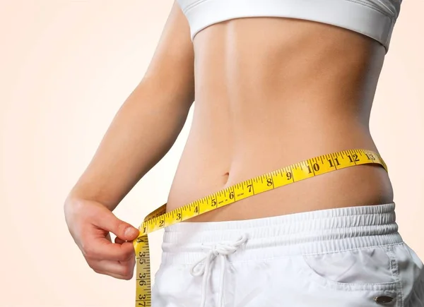 Young Woman Measuring Her Waist Pink Background — Stock Photo, Image