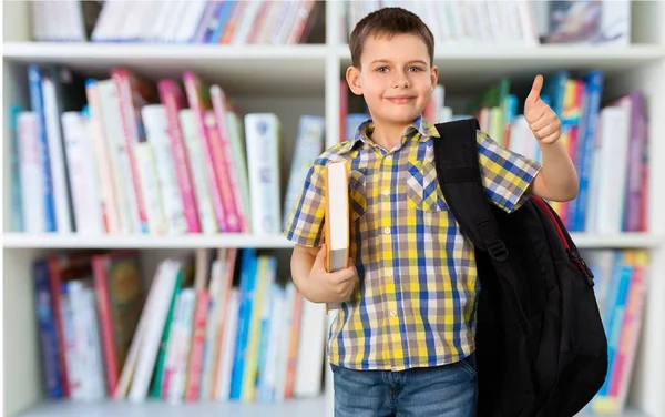 Niño Escuela Con Mochila Mostrando Pulgar Hacia Arriba —  Fotos de Stock