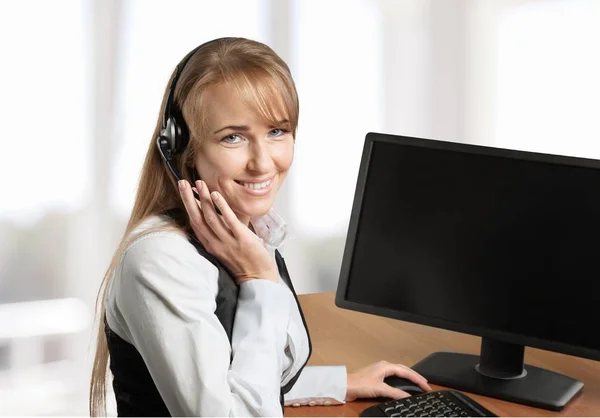 Portrait Young Blonde Woman White Suit Work Headset — Stock Photo, Image
