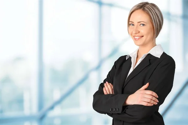 Portrait Young Blonde Woman Black Suit — Stock Photo, Image